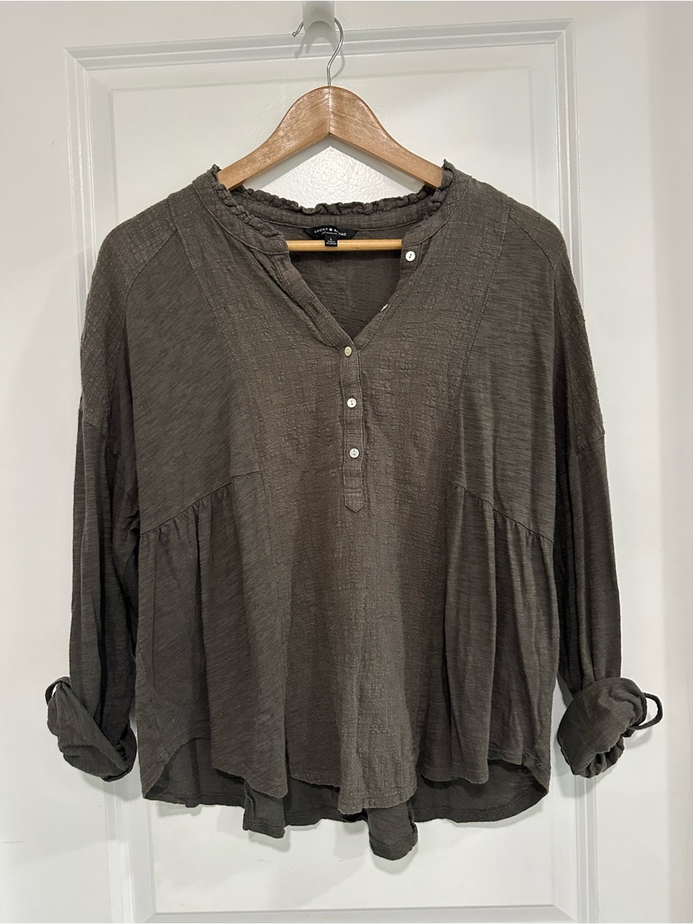 Lucky Brand Olive Green Peasant Style Relaxed Fit 3/4 Sleeve Top Women’s Size L